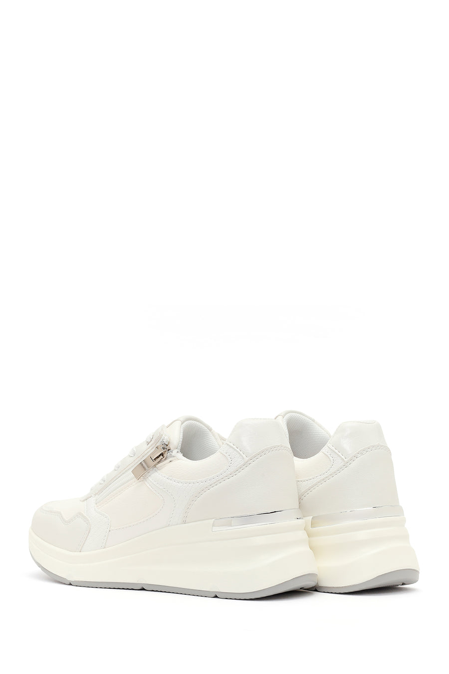 Woman White Side-Zip Lace-Up Thick-Sole Sneakers