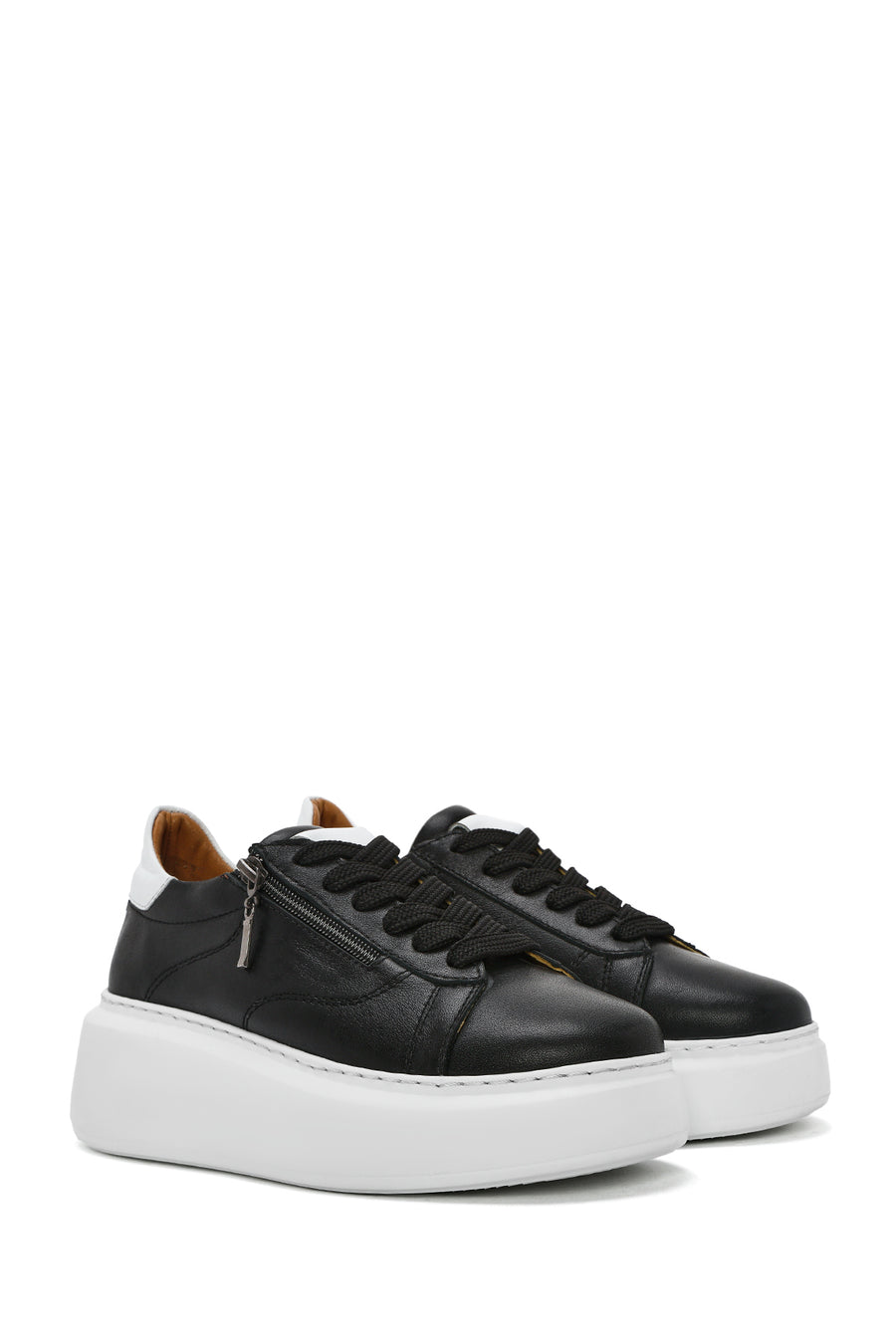 Women's Black Zippered Lace-Up Thick-Sole Leather Sneakers
