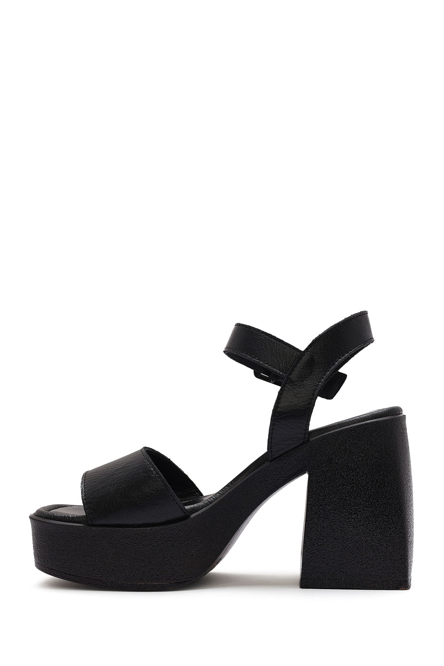 Women's Black Ankle Buckle Platform Chunky High Heel Leather Sandals