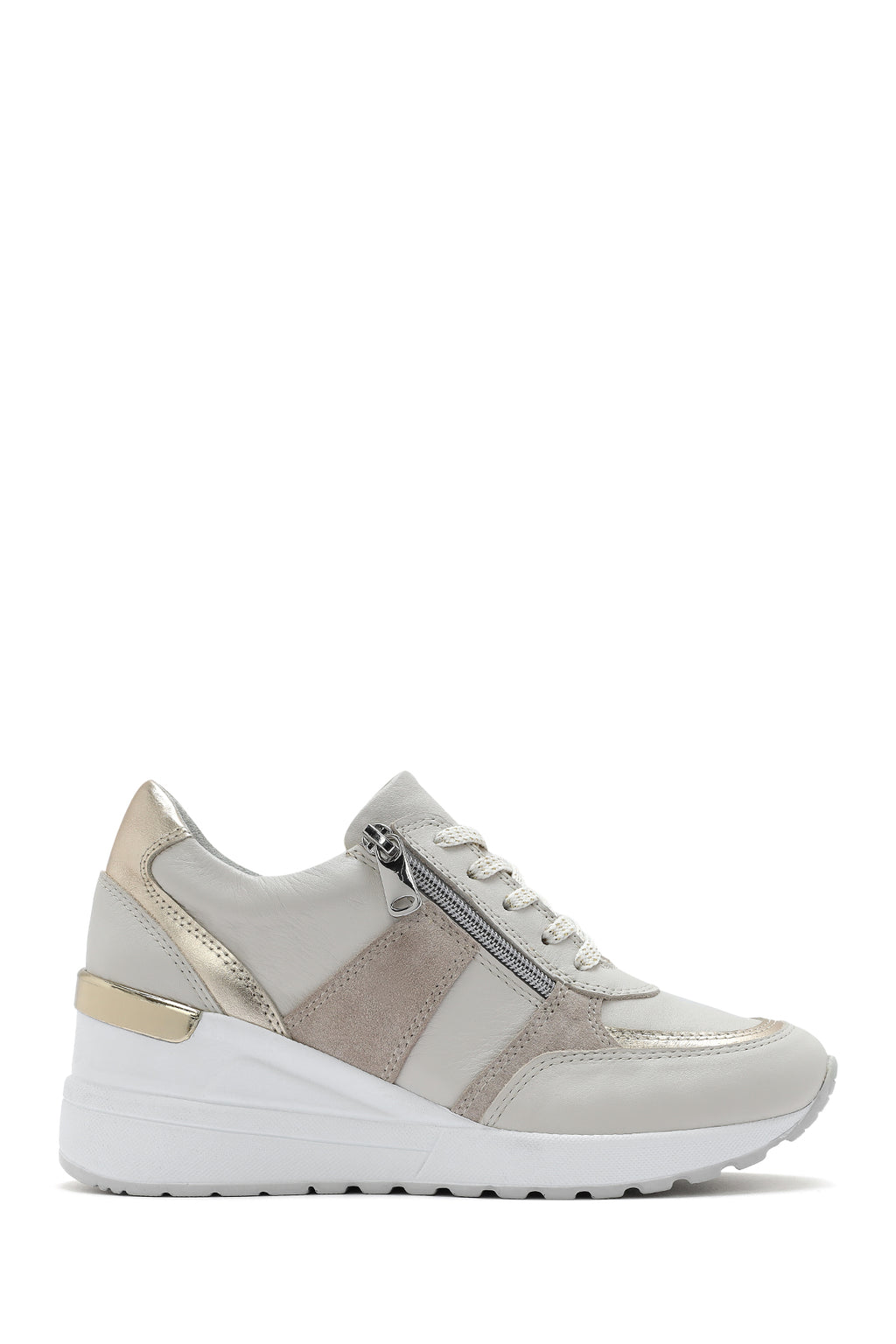 Kadın Bej Dolgu Topuklu Yandan Fermuarlı Deri Sneaker