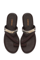 Kadın Kahverengi Taşlı Parmak Arası Deri Terlik | Derimod