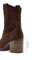 Women's Brown Chunky Heel Suede Leather Cowboy Boots | Derimod