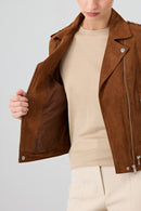 Layla Women's Brown Biker Suede Leather Jacket | Derimod