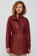 Whitney Women's Burgundy Long Leather Jacket | Derimod