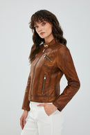 Kylie Women's Camel Short Leather Jacket | Derimod