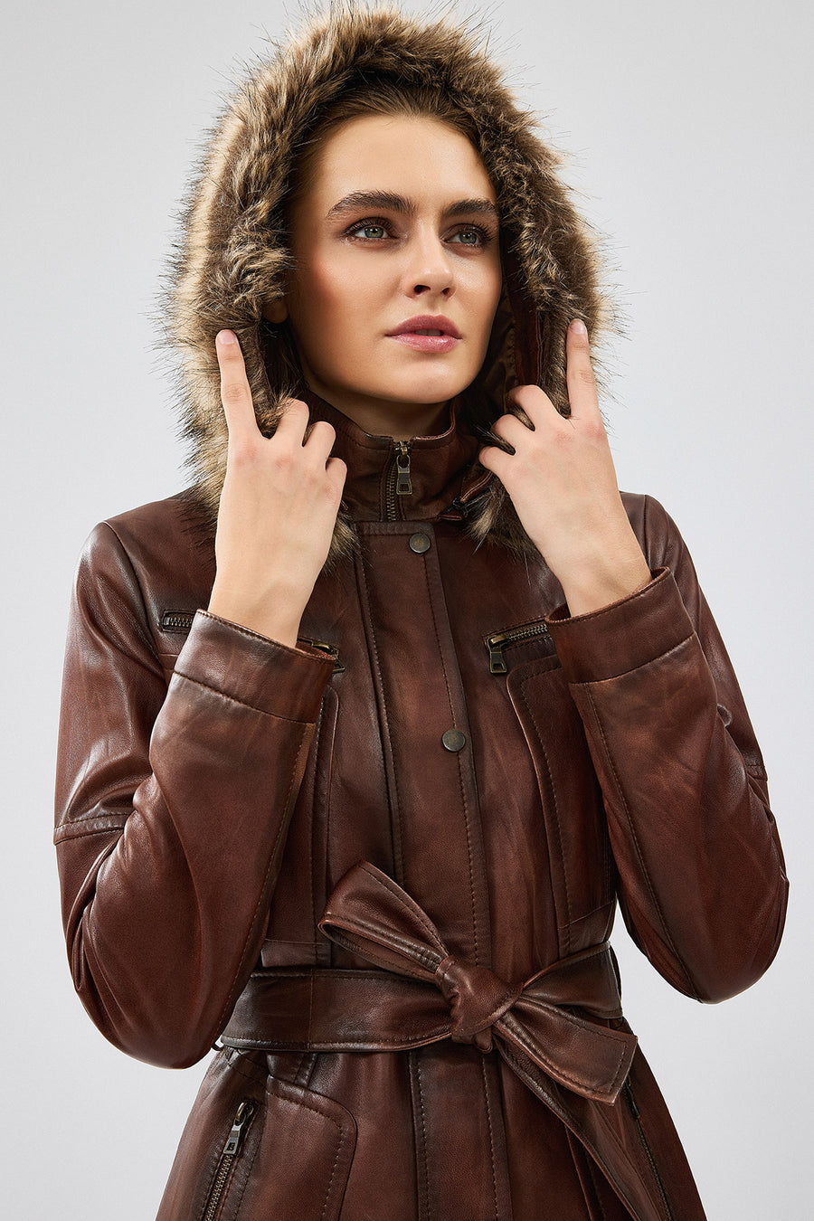 Rebecca Women's Brown Hooded Furry Leather Jacket