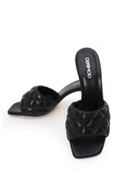 Woman Black Printed Thin-Heeled Leather Slippers | Derimod