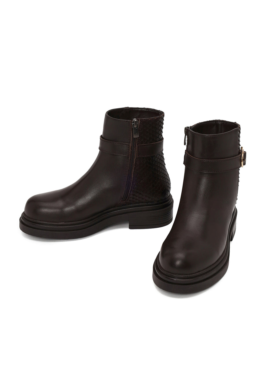 Woman Brown Zip Closure Printed Leather Boots