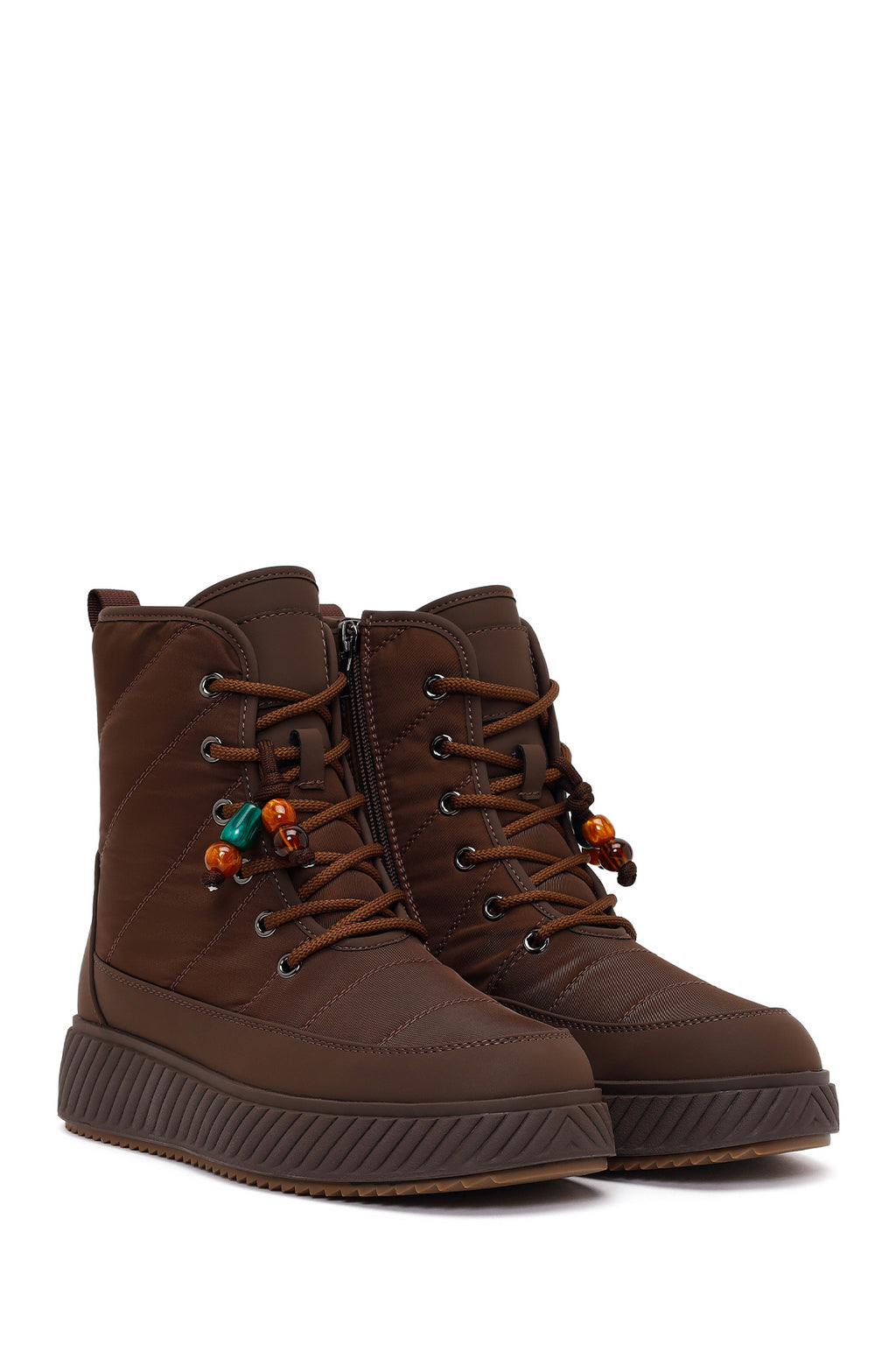 Kadın Kahverengi Fermuarlı Kalın Tabanlı Charmlı Kumaş Postal Bot