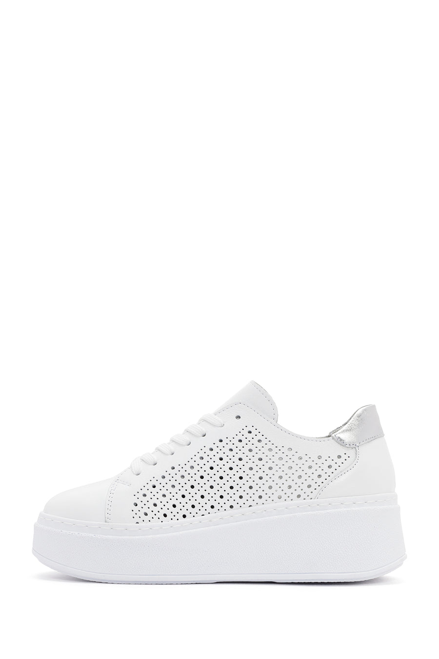 Kadın Beyaz Kalın Tabanlı Bağcıklı Deri Sneaker