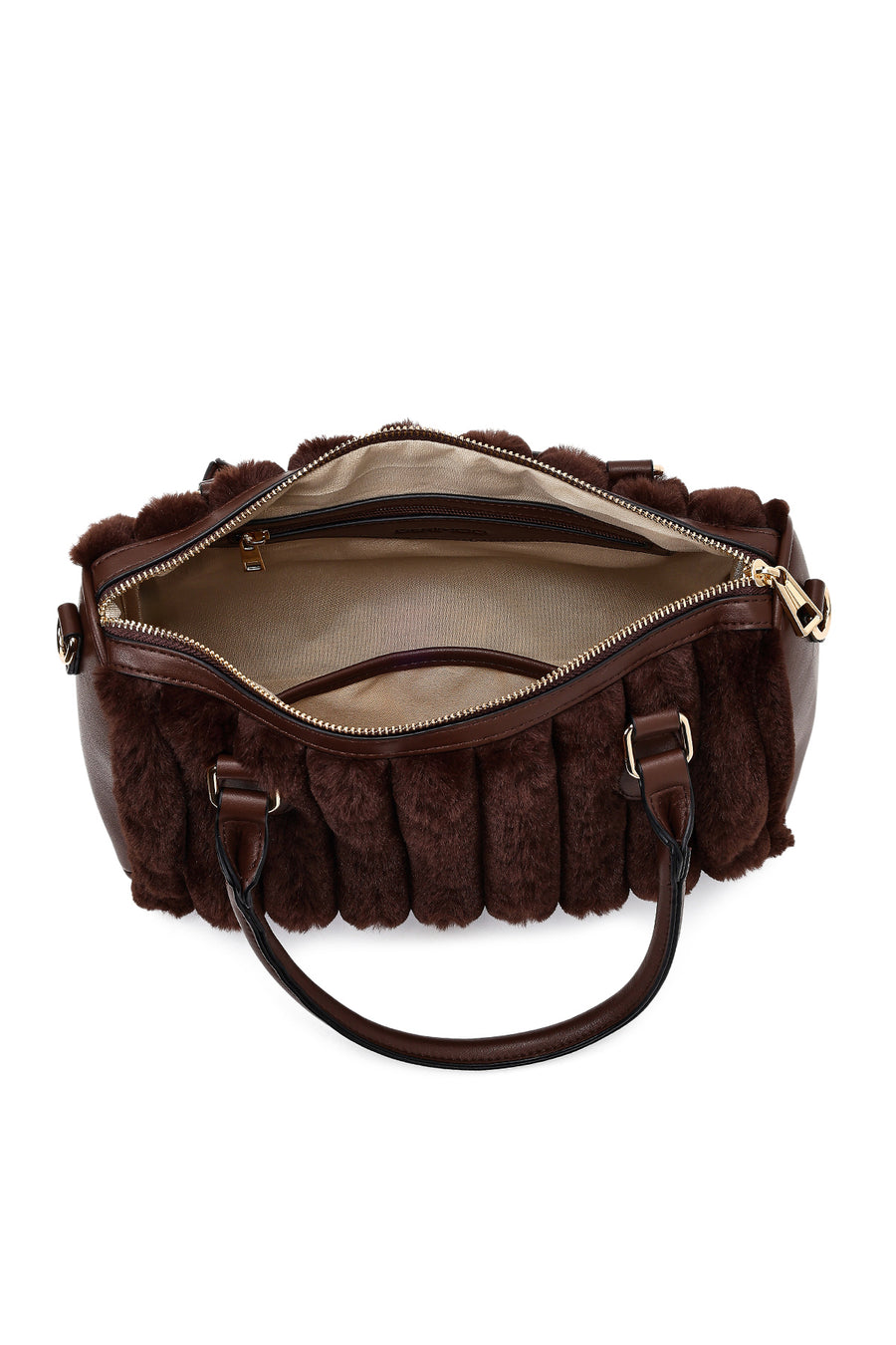 Woman Brown Long-Strap Accessorized Plush Shoulder Bag