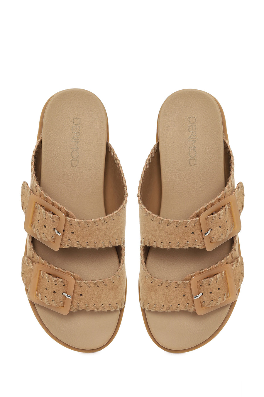 Woman Beige Double-Buckle Suede Slipper