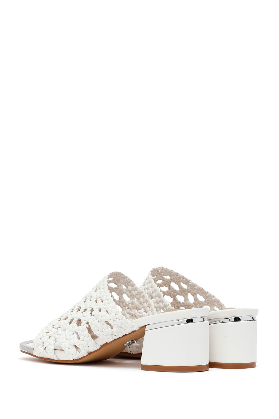 Women's White Knitted Short Thick Heeled Slippers