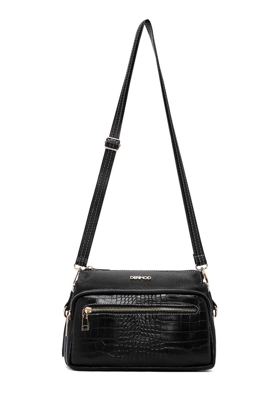Women's Black Long Strap Patterned Crossbody Bag