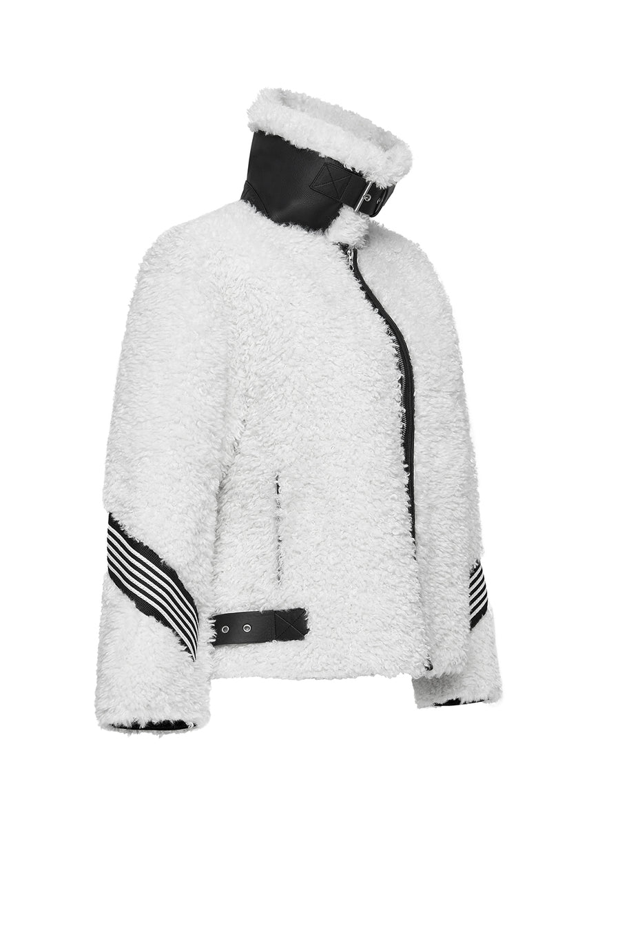Meribel Women's White Black Stripe Detail Teddy Coat