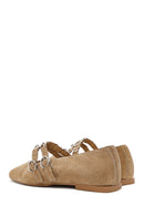 Women's Mink Double Buckled Suede Leather Ballerina | Derimod