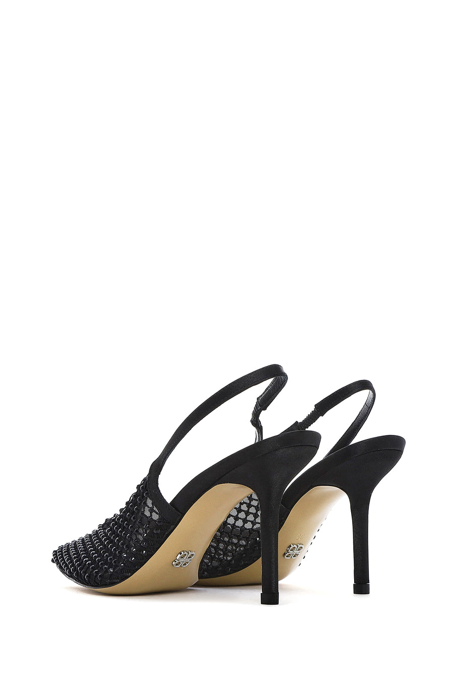Woman Black Jeweled Open-Back Thin-Heeled Leather Shoes