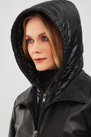 Tyler Women's Black Oversize Double Collar Hooded Leather Coat | Derimod