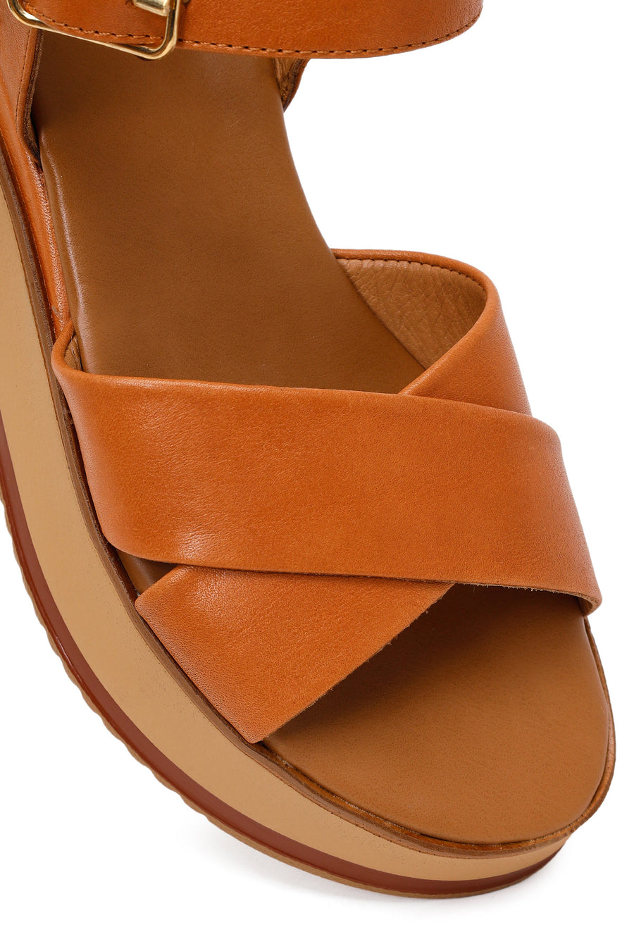 Women's Tan Ankle Strap Thick Soled Leather Sandals