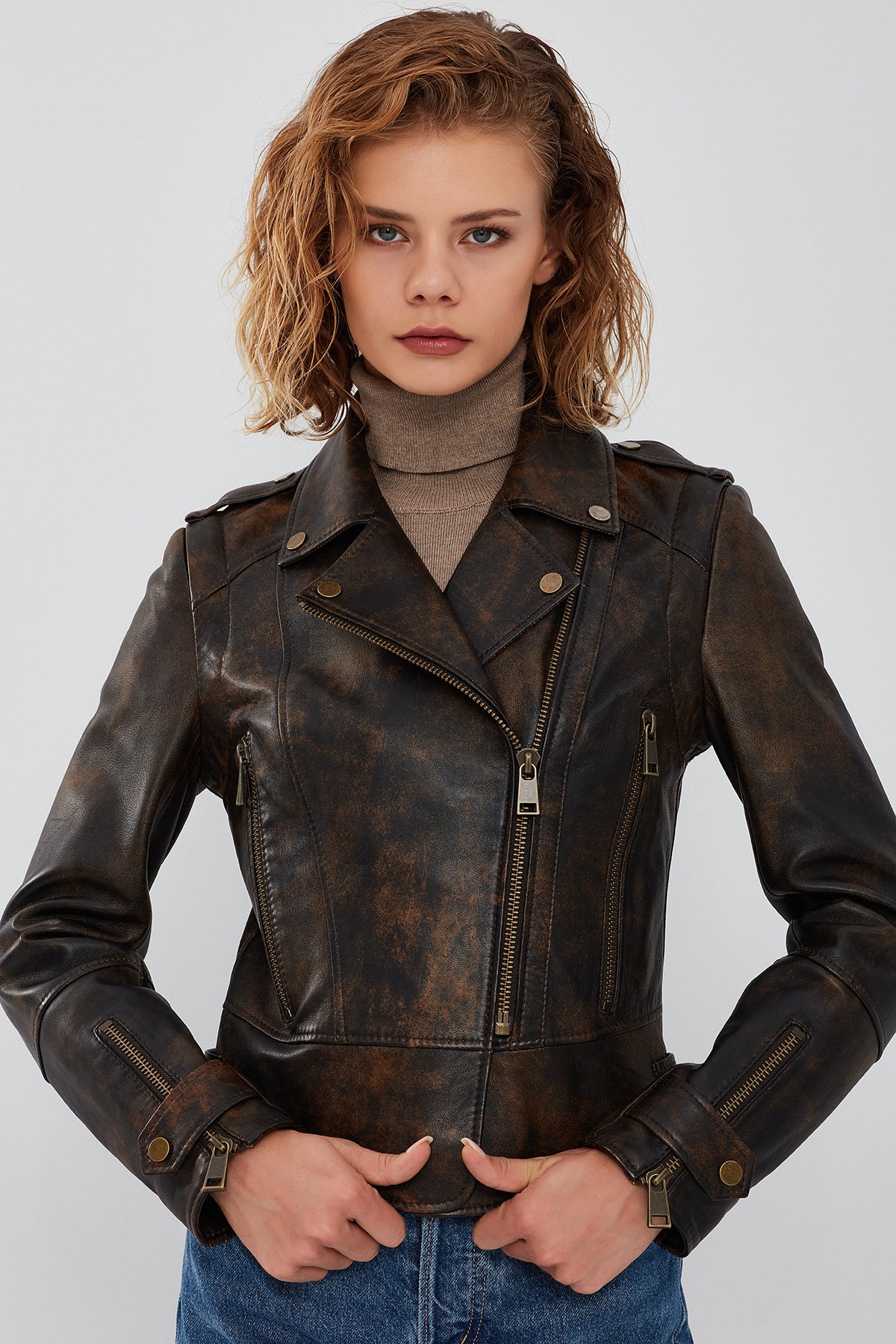 Newyork Kadın Kahverengi Vintage Deri Ceket