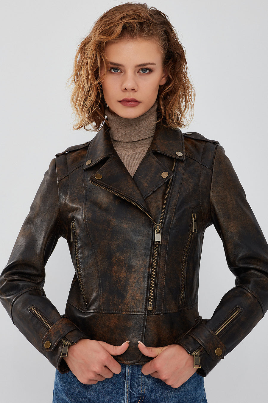 Newyork Kadın Kahverengi Vintage Biker Deri Ceket