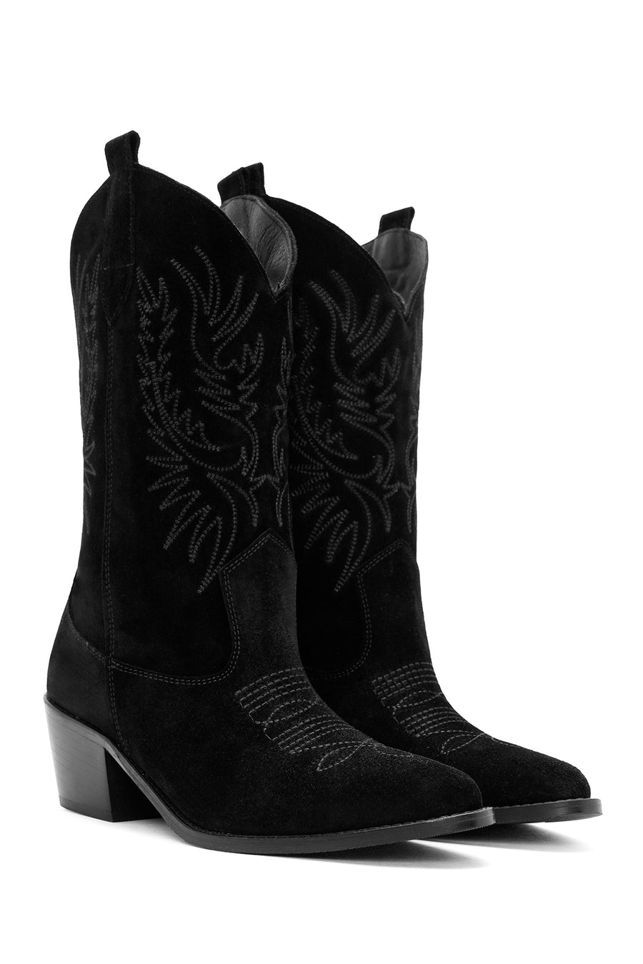 Women's Black Suede Leather Heeled Cowboy Boots