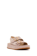 Woman Beige Double-Buckle Thick-Soled Suede Leather Comfort Sandal | Derimod