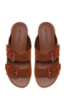 Woman Brown Double-Buckle Suede Slippers | Derimod