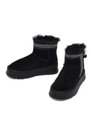 Women's Black Thick-Soled Patterned Suede Leather Teddy Boot | Derimod