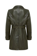 Rhoda Women's Khaki Collar Fur Belt Detailed Leather Coat | Derimod