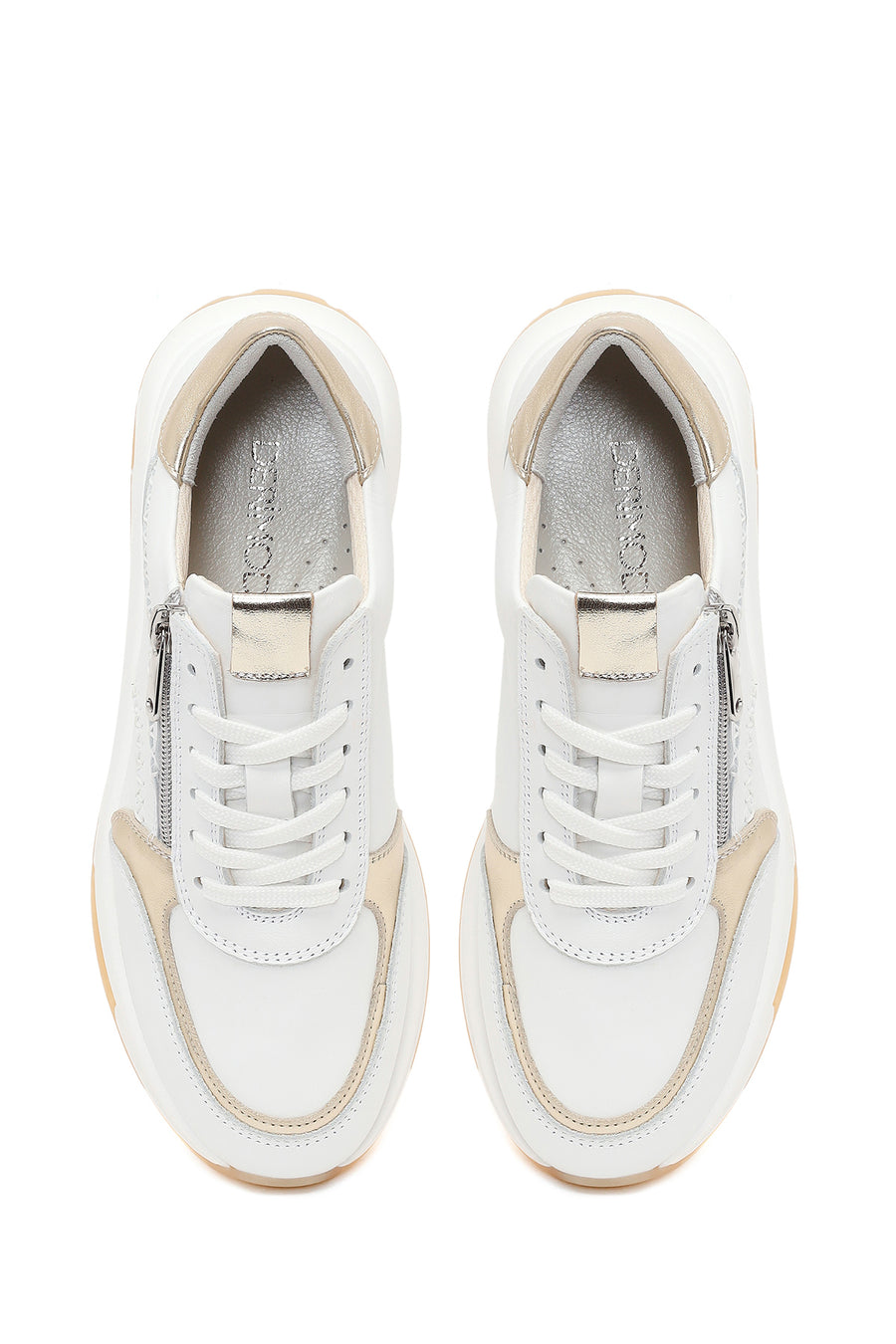Woman White Lace-Up Zip Closure Thick-Soled Leather Sneaker