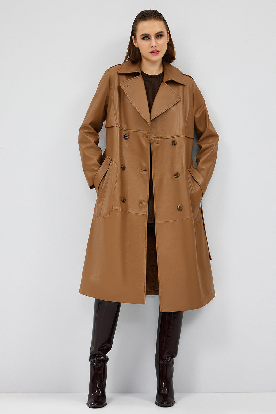 Natalia Women's Brown Leather Trench Coat