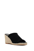 Women's Black Wedge Heeled Suede Leather Espadrille Slippers | Derimod