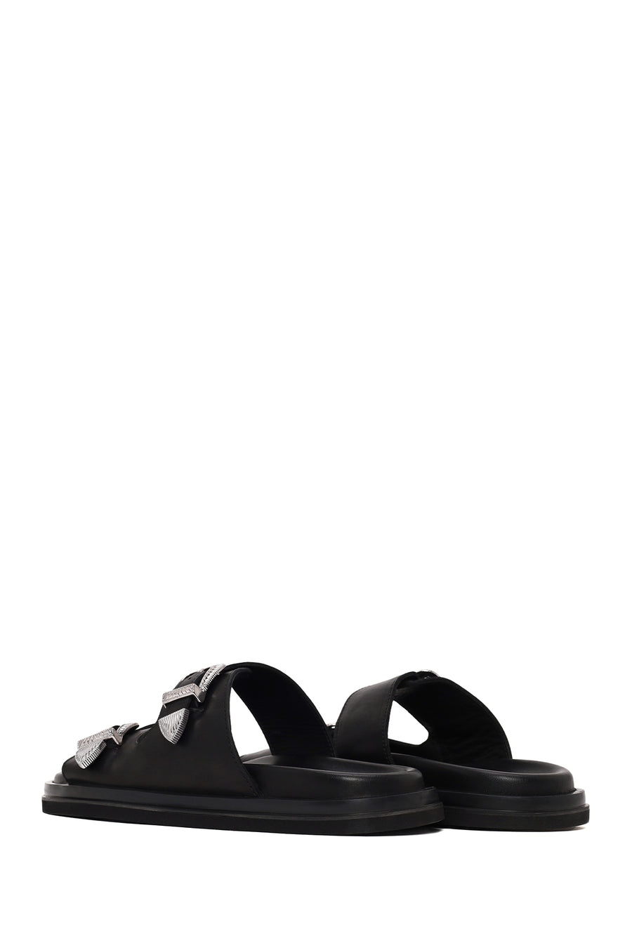 Woman Black Double-Buckle Leather Slipper