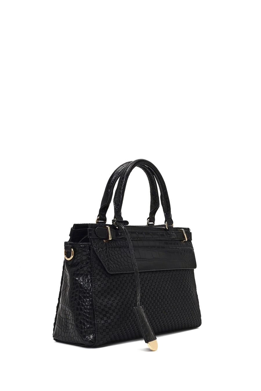 Women's Black Long Strapped Patterned Shoulder Bag
