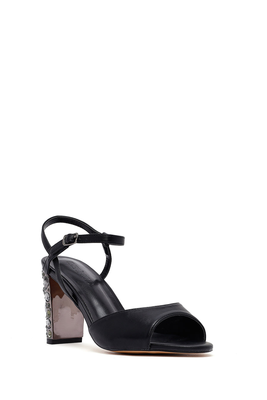 Women's Black Metallic Ankle Buckle Chunky Heel Sandals