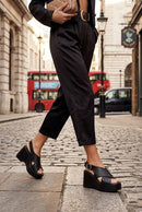 Woman Black Back Buckle Wedge Heel Leather Sandals | Derimod