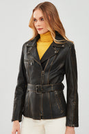 Mayfair Women's Brown Vintage Long Biker Leather Jacket | Derimod