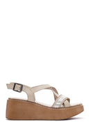 Women's Beige Ankle Strap Wedge Heeled Leather Comfort Sandals | Derimod