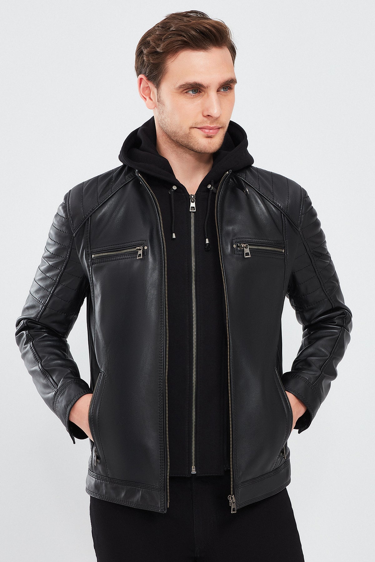 Sergio Men's Black Hooded Sports Leather Coat 24SGE65191M | Derimod