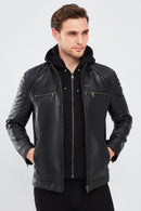 Sergio Men's Black Hooded Sports Leather Coat | Derimod