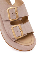 Woman Beige Double-Buckle Thick-Soled Suede Leather Comfort Sandal | Derimod