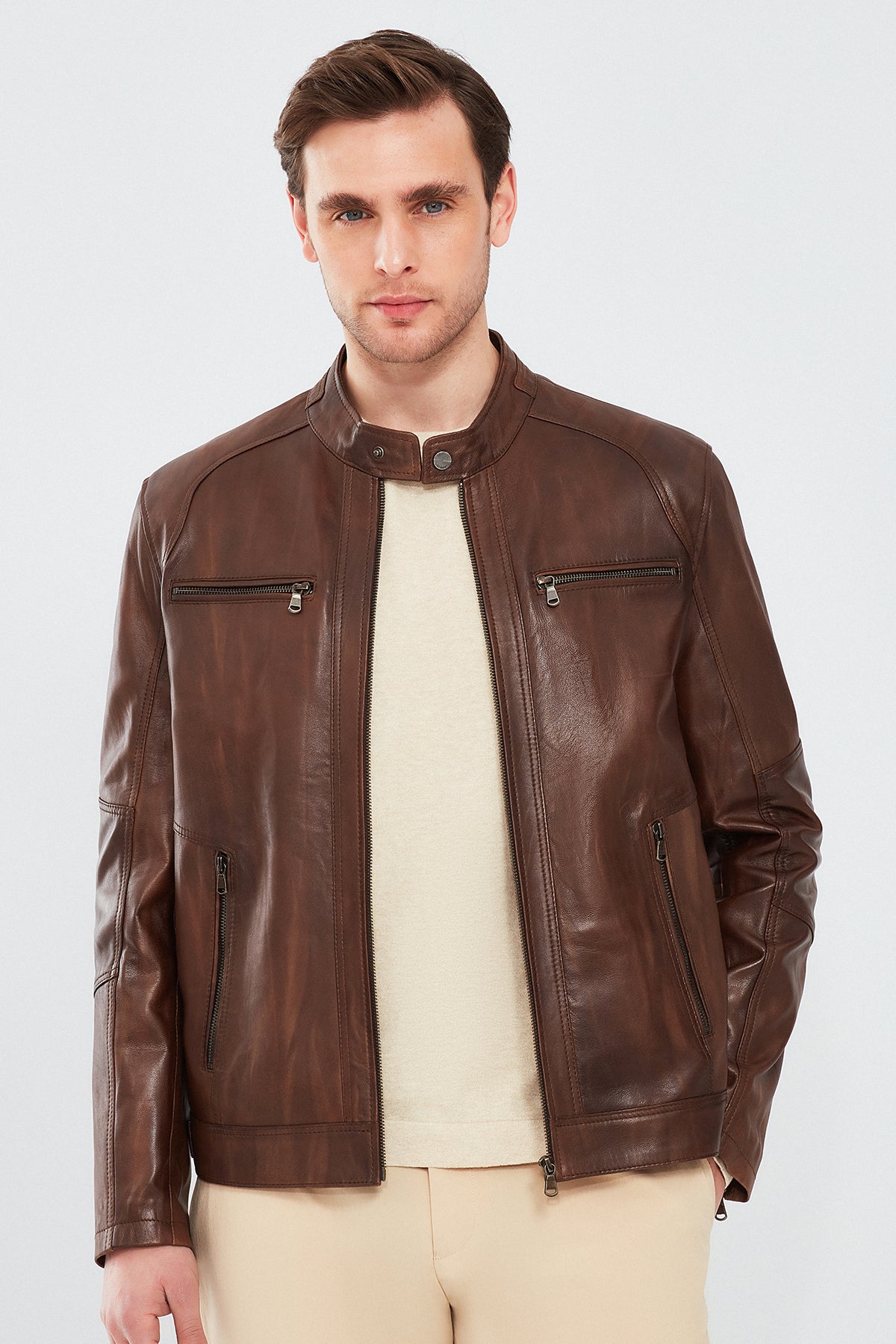 Alanzo Men's Brown Leather Coat 23WGE6330NC | Derimod