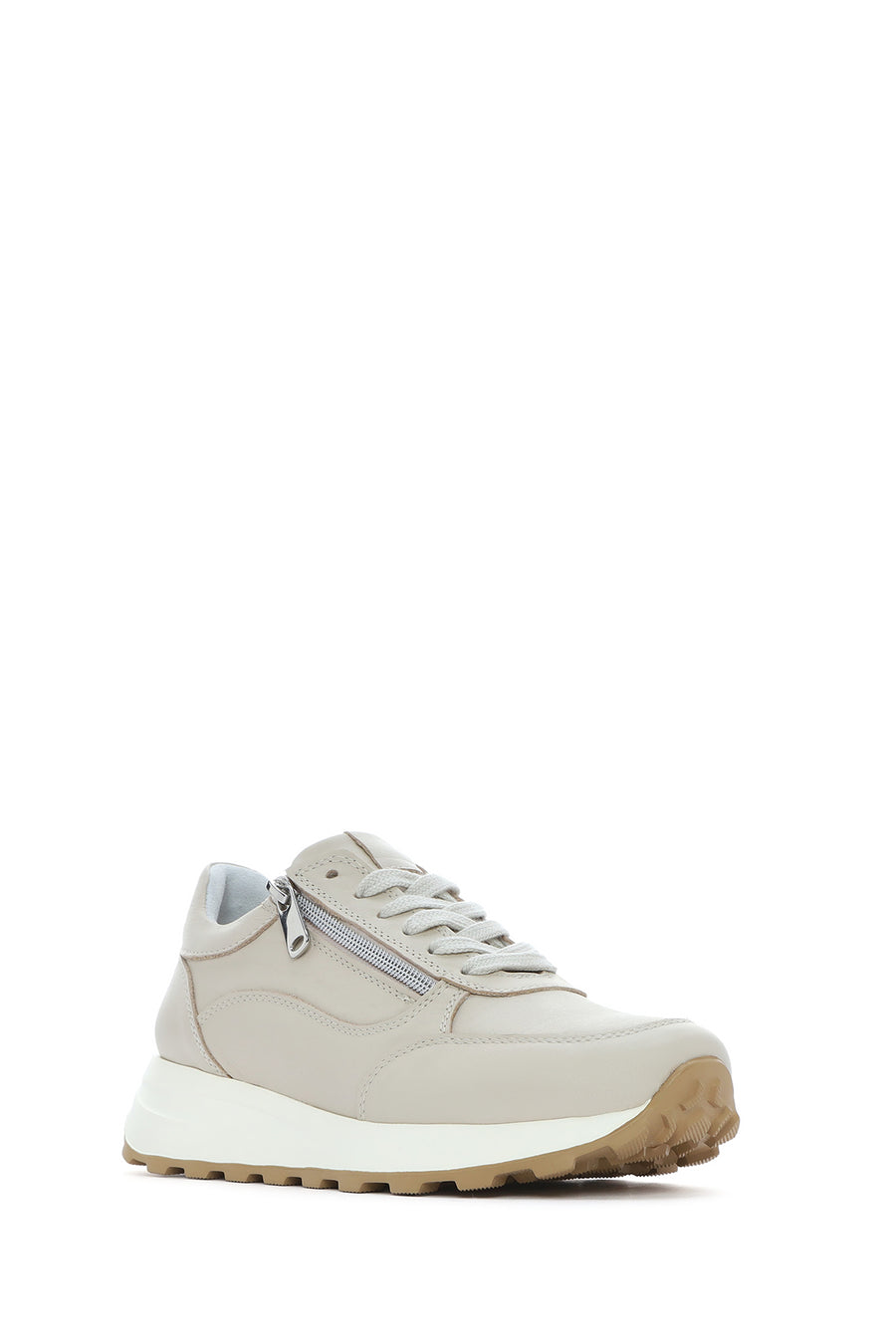 Women's Beige Lace-Up Side Zip Leather Sneakers