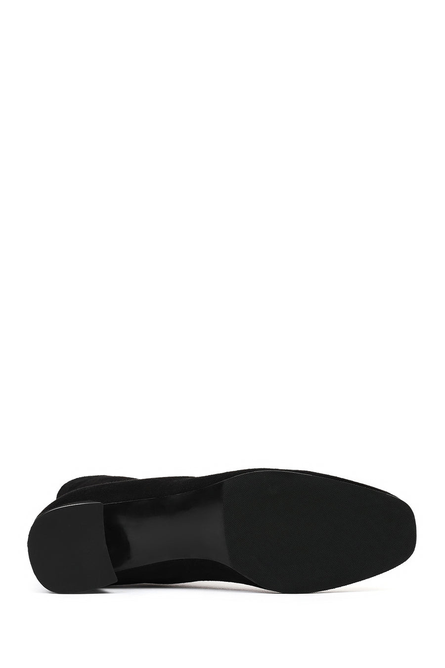 Woman Black Zip Closure Short Thick Heeled Suede Boots
