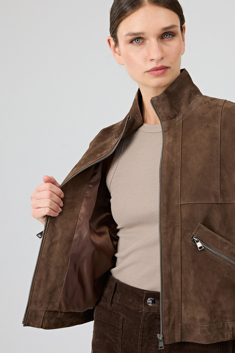 Gina Women's Brown Stand Collar Oversize Short Suede Leather Jacket