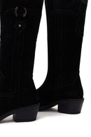 Woman Black Short Thick-Heeled Suede Cowboy Boots | Derimod