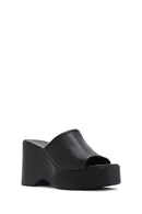 Women's Black Wedge Heeled Leather Slippers | Derimod