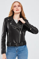 Angel Women's Black Biker Leather Jacket | Derimod