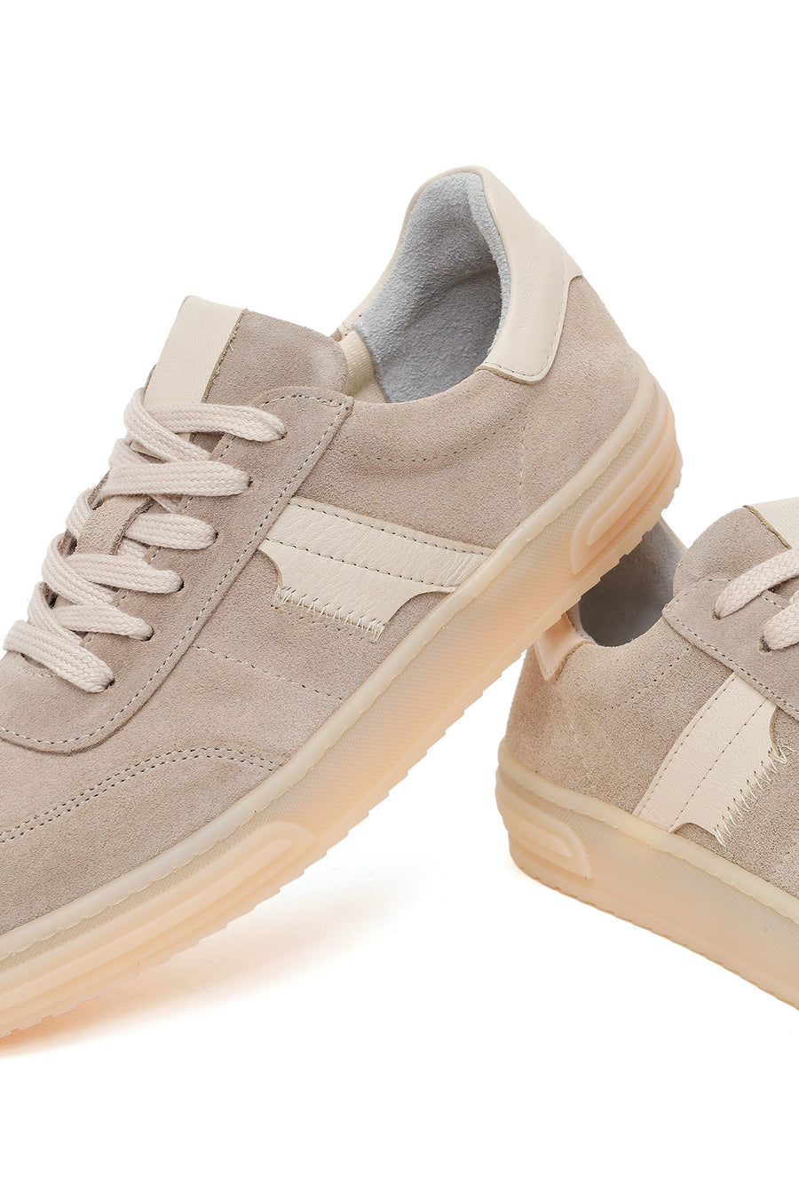 Woman Beige Lace-Up Suede Leather Sneakers